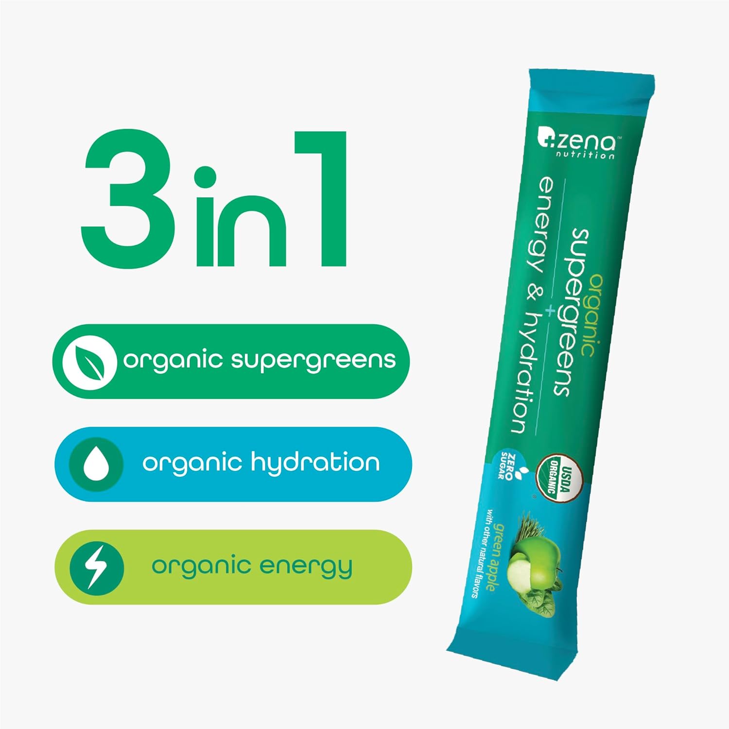 Zena Nutrition Organic Super Greens Energy & Hydration Powder, 70+ Superfoods, 0 Sugar, 5G Fiber, Spirulina, Chlorella, Prebiotics/Probiotics, Natural Caffeine + Electrolytes, 40 Drink Mix Packets - Image 2
