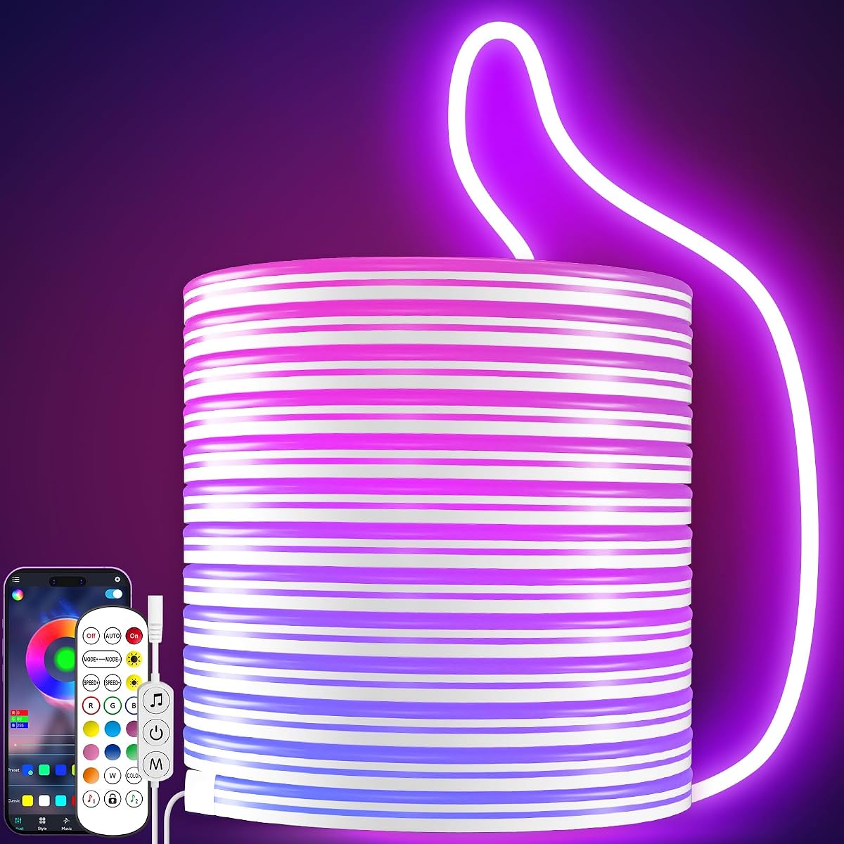 KANTUTOE Luces LED de cuerda de neón, tira de luz LED RGB de 16.4 pies, aplicación de sincronización de música de 24 V/control remoto, luz de cuerda de bricolaje, IP67, tira de luces de neón para juegos impermeables para dormitorio, decoración interior y exterior