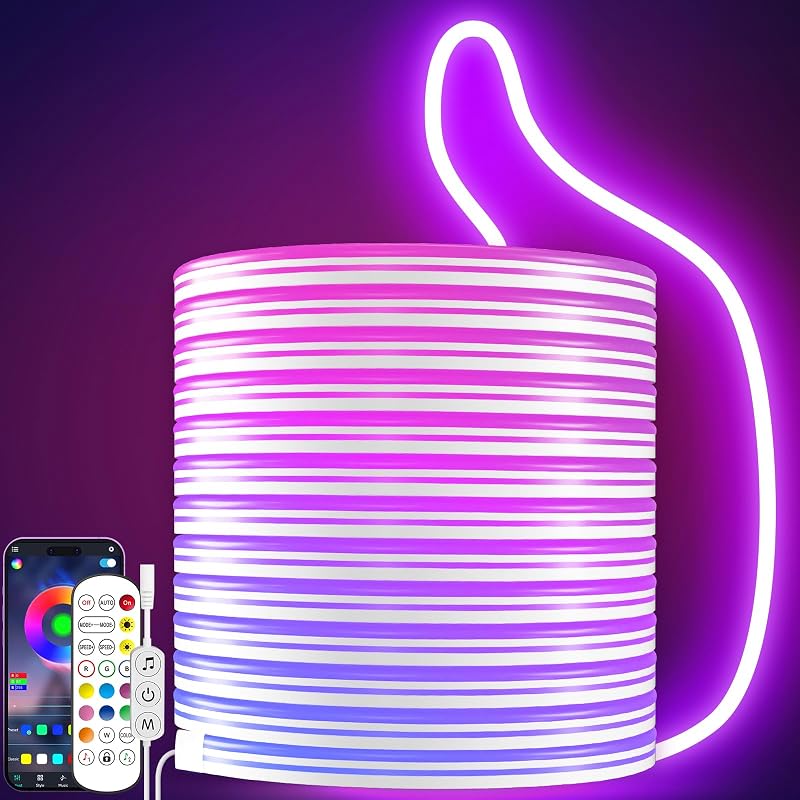 KANTUTOE Luces LED de cuerda de neón, tira de luz LED RGB de 16.4 pies, aplicación de sincronización de música de 24 V/control remoto, luz de cuerda de bricolaje, IP67, tira de luces de neón para juegos impermeables para dormitorio, decoración interior y exterior