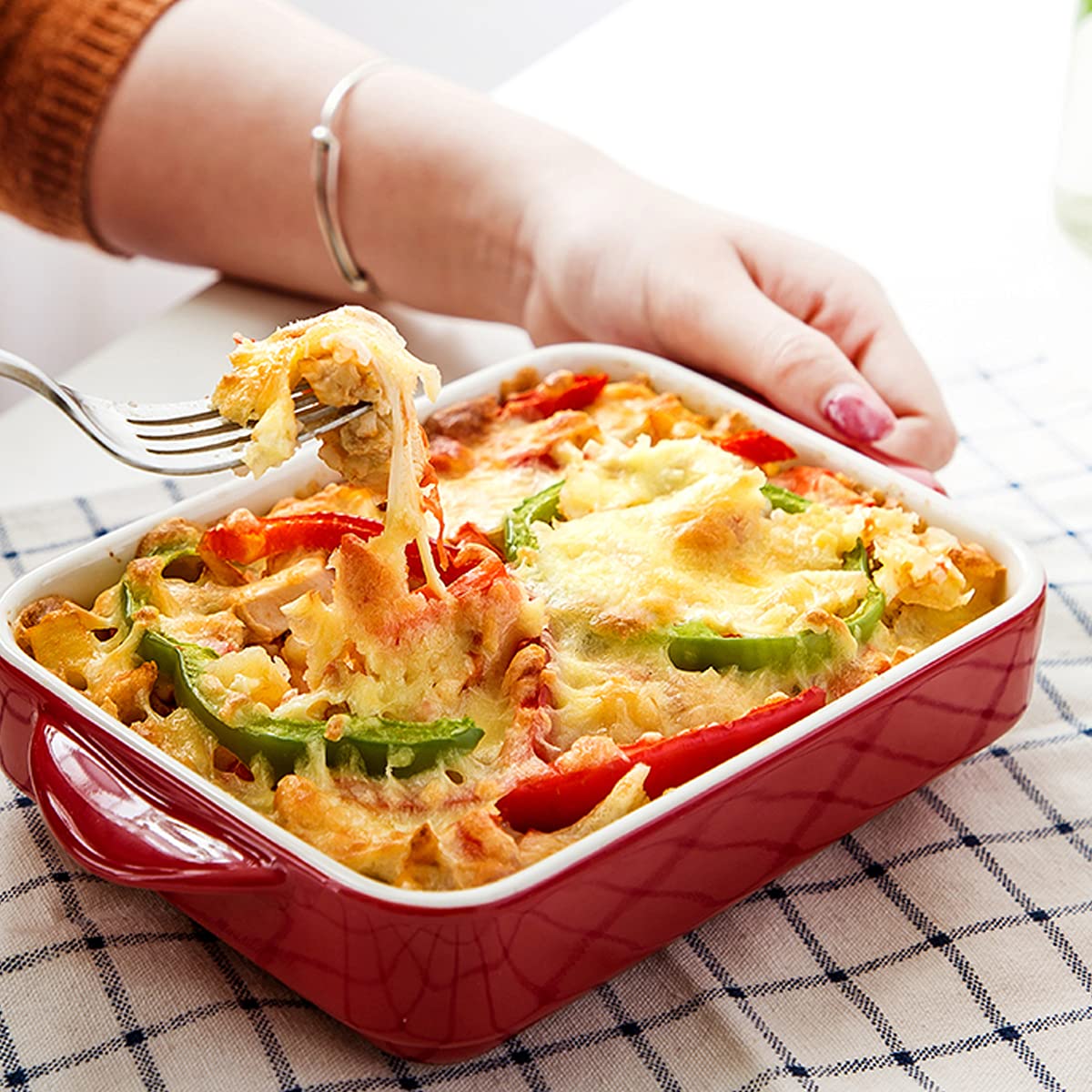 Naczynia do pieczenia w piekarniku, prostokątne ceramiczne naczynie, idealne, naczynia lasagne, małe zapiekania, zestaw 2 szt(Red,7inch)