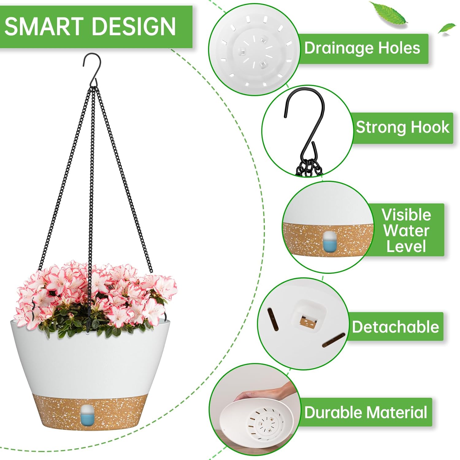 Hanging Planters for Indoor Plants, Hanging Baskets for Plants Outdoor with Visible Water Level, Hanging Flower Pots with Drainage Holes & Removable Tray(2 Pack, White)
