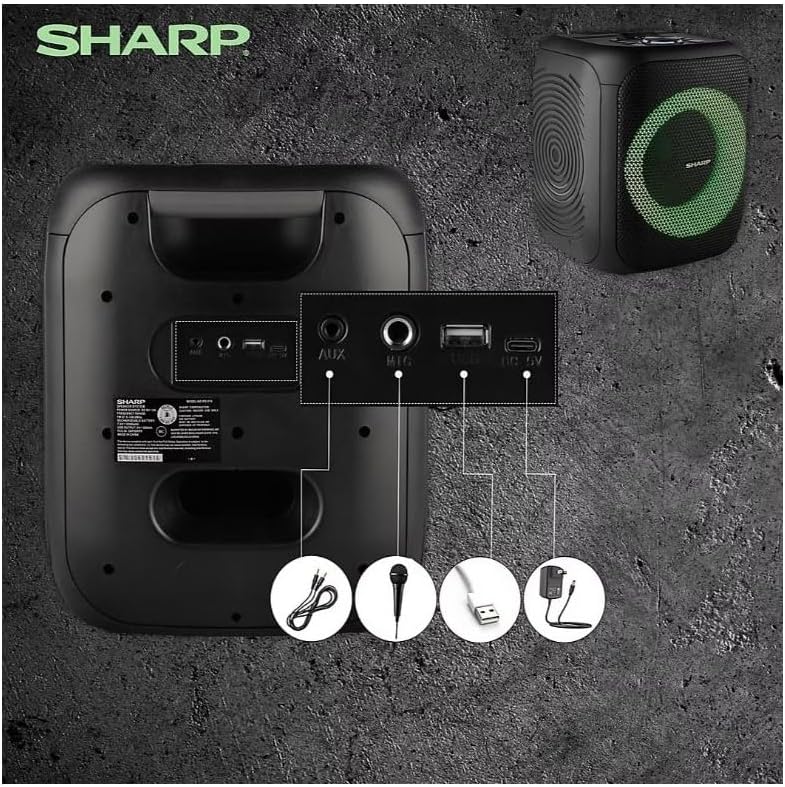 Rear panel of the Sharp PS-916 speaker, showing ports for AUX, MIC, USB, and DC IN.