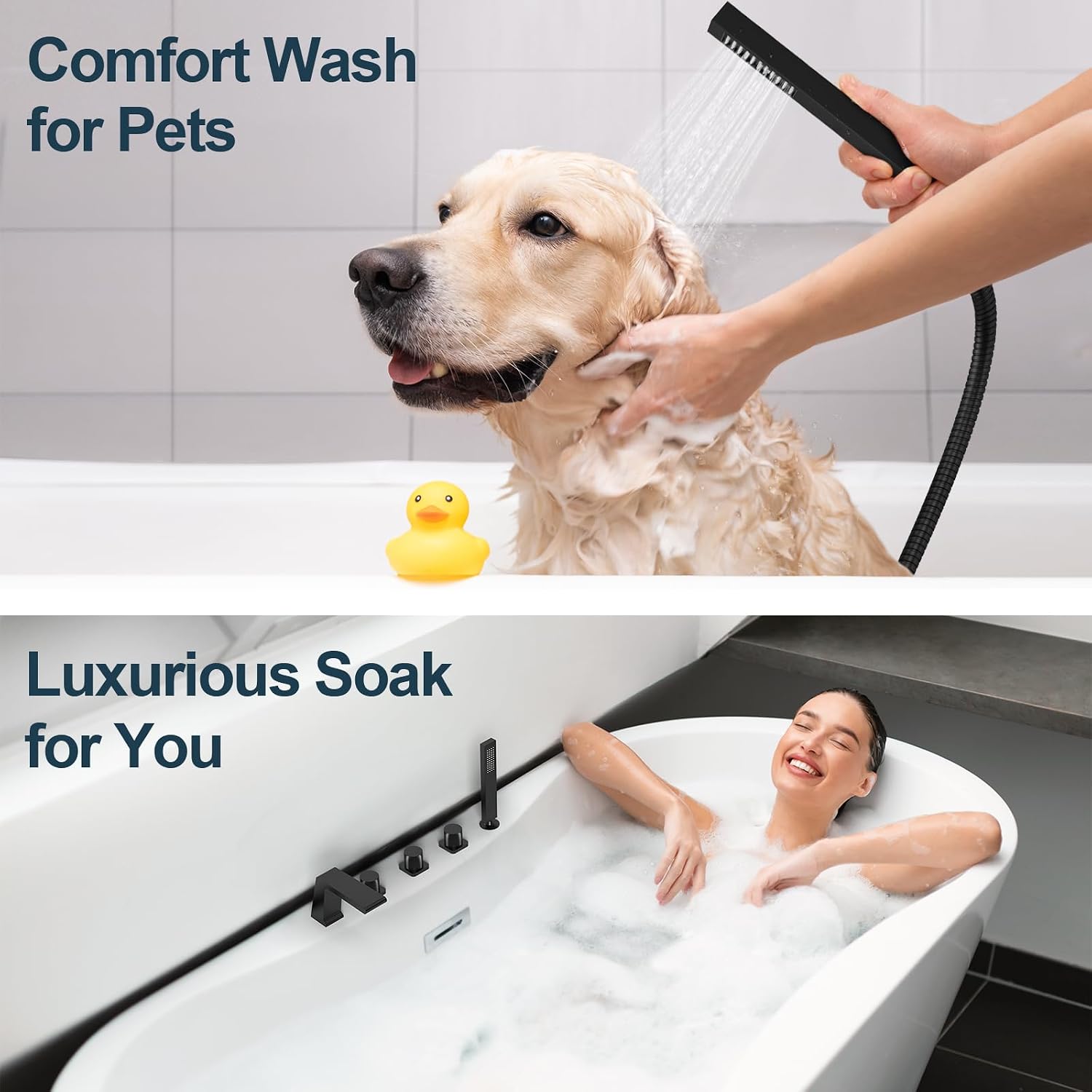 Roman Waterfall Bathtub Faucet, High Flow Tub Spout with handheld shower for 5 Hole Deck Mount with Three Handle Control, Matte Black