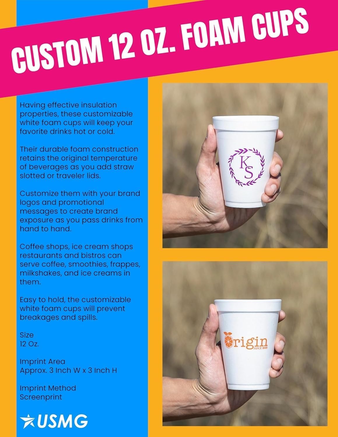 USMG Styrofoam 12 oz. cups with single-color imprint, perfect for food service, parties, and events. (white, 500 Foam Cups)