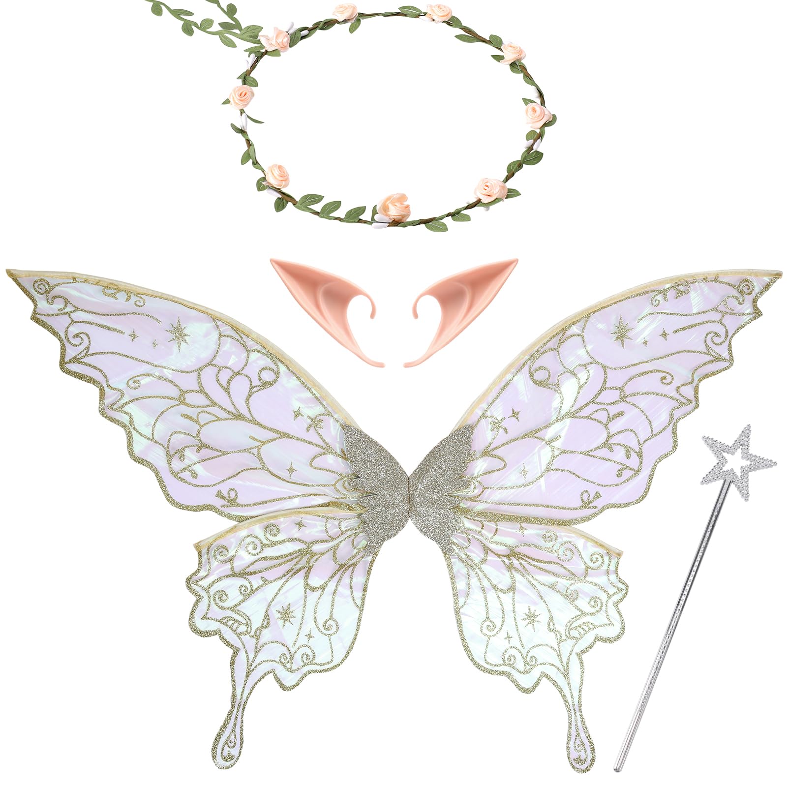Fairy Wings Adult Flower Wreath Hair Elf Ears Fancy Dress Costumes Carnival Pack of 4 Halloween Costume for Women Renaissance Renfaire Fancy Dress Fairycore Photo Shooting Fae Cosplay Accessories