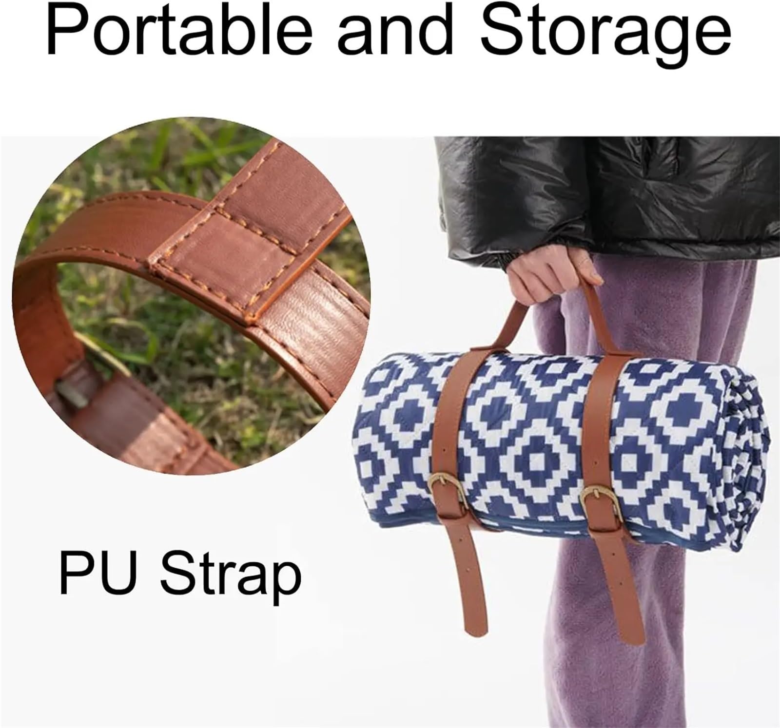 Telo Picnic Grande coperta da picnic con tracolla, impermeabile, anti-sabbia, spiaggia, cuscino singolo, portatile, for parco, viaggio, escursionismo(Blue)