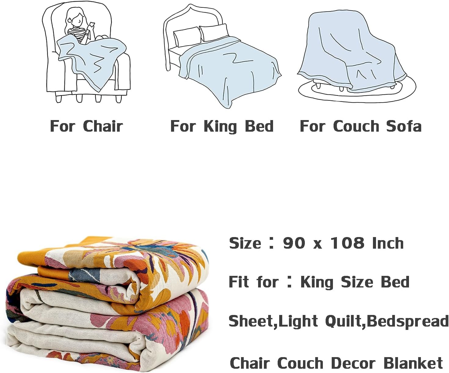 King Throw Blanket for Bed 100% Cotton Boho Soft Rustic Quilt Butterfly and Floral Double Embroidery Breathable Bed Blanket,90"×108" All Season Blankets for Bedding Couch Home Decor - Image 7