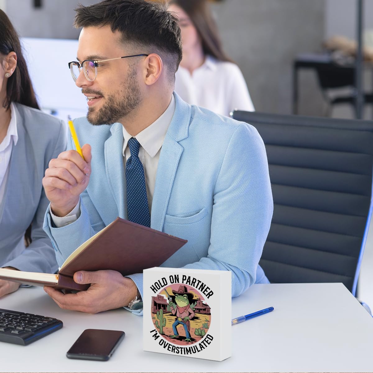 Funny Office Desk Decor Hold On Partner I'm Overstimulated Humorous Sign Western Frog Cowboy Wood Box Sign for Coworkers and Friends, Relief Gifts for Colleagues 5 x 5 Inches - Image 7