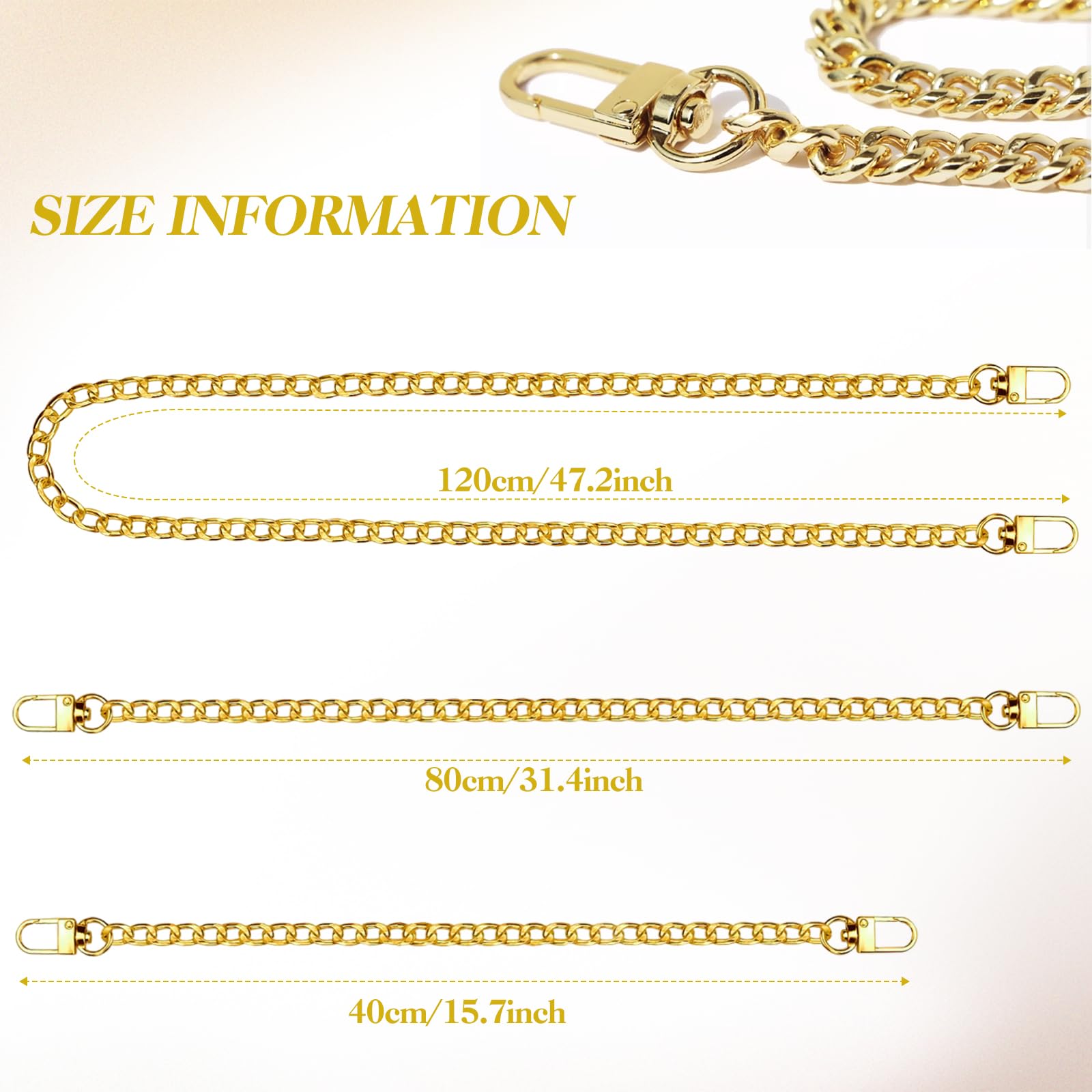 Hnnyyie 3 pieces Gold Purse Chain Strap Flat, 3 Different Sizes Iron Purse Straps Replacement Crossbody for DIY Straps for Bags with Metal Buckles(15.7/31.4/47.2 Inch)