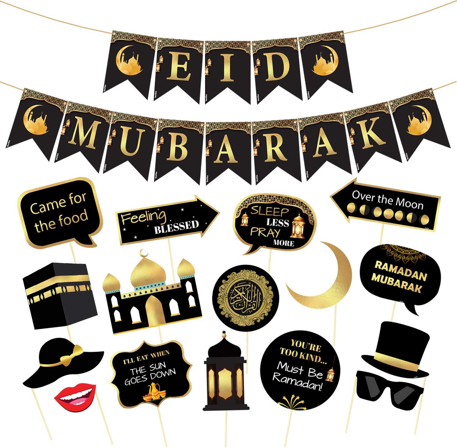 Festiko® Eid Mubarak Combo (17 Pcs) - Eid Mubarak Decoration - Ramadan Party Decorations Supplies - Eid Mubarak Banner & Photobooth Props