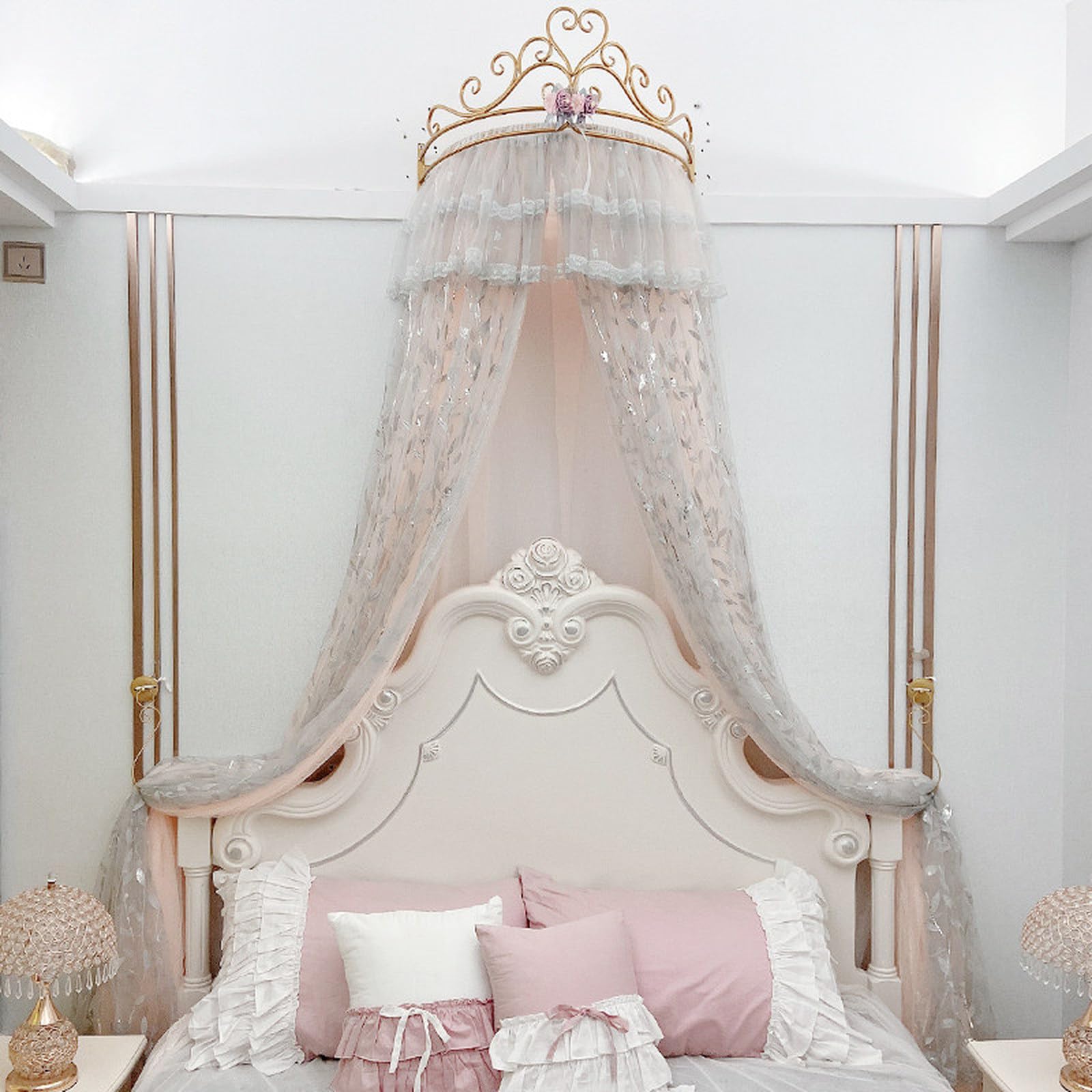 SDCGB Princess Bed Canopy for Girls & Adults, Royal Luxurious Cozy Bed Curtain with Crown, Double Layer Decorative Drapery, Nude Pink