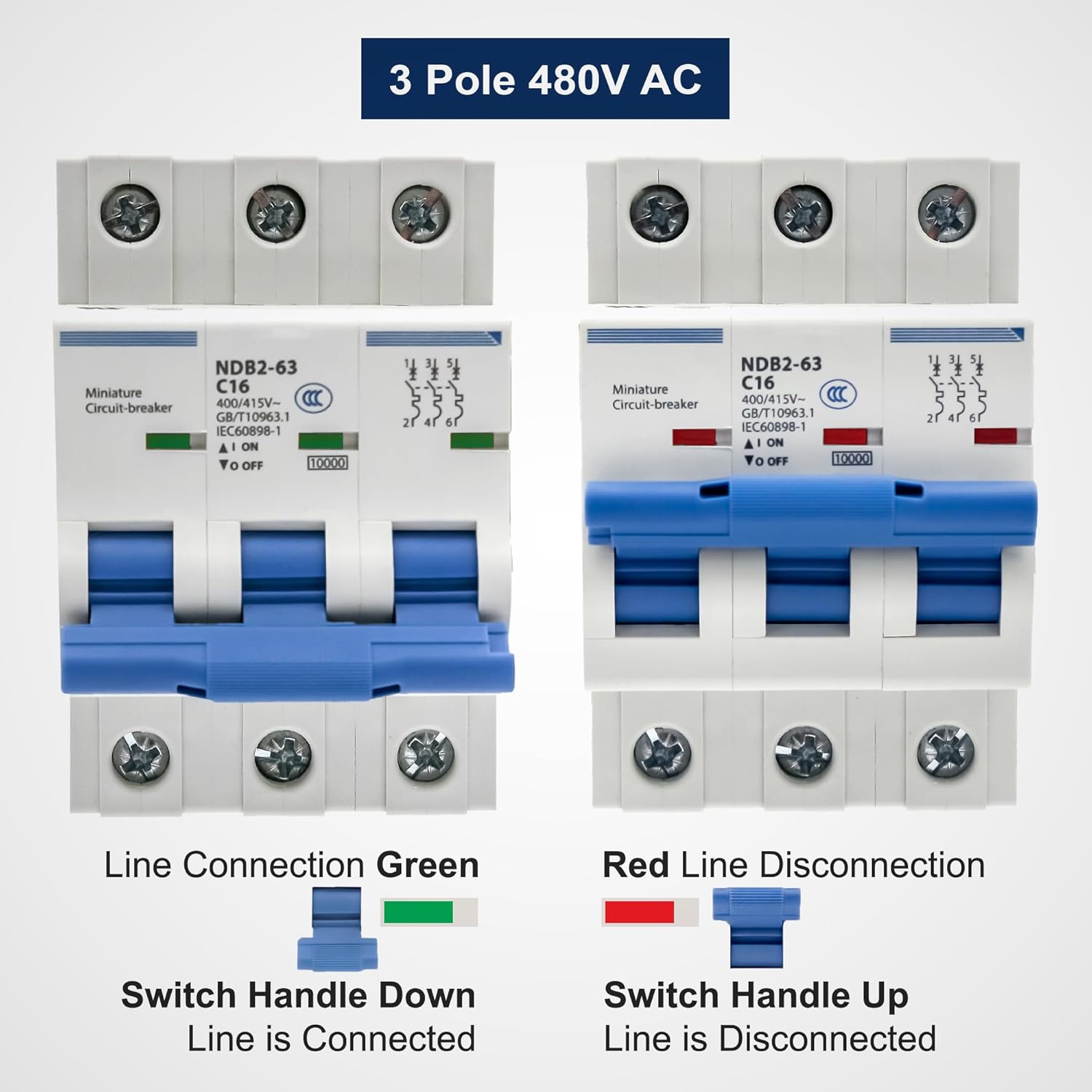 ASI AC Miniature Circuit Breaker - 3 Pole DIN Rail Mount 32 Amp 480 Volt Unit with Shock-Proof Terminations, Trip Curve C, L1, L2, L3 and Neutral Three-Phase Circuits