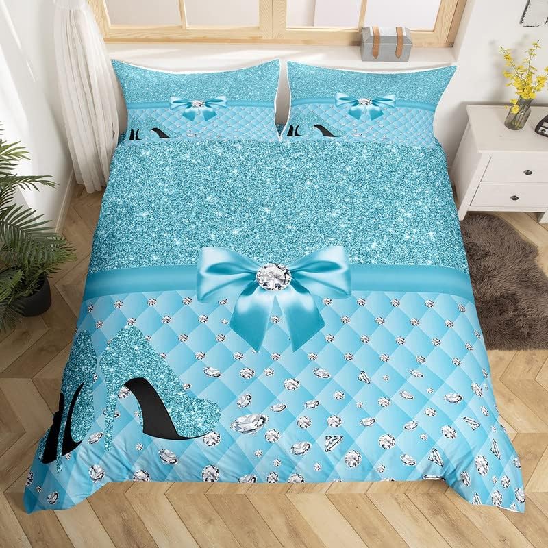 Glitter (No Glitter No Sequin) Diamond Bedding Set Pastel Blue Duvet Cover for Kids Children Teens Girls High Heels Comforter Cover Dreamy Bedspread Cover Bedroom Decor Full Size Quilt Cover