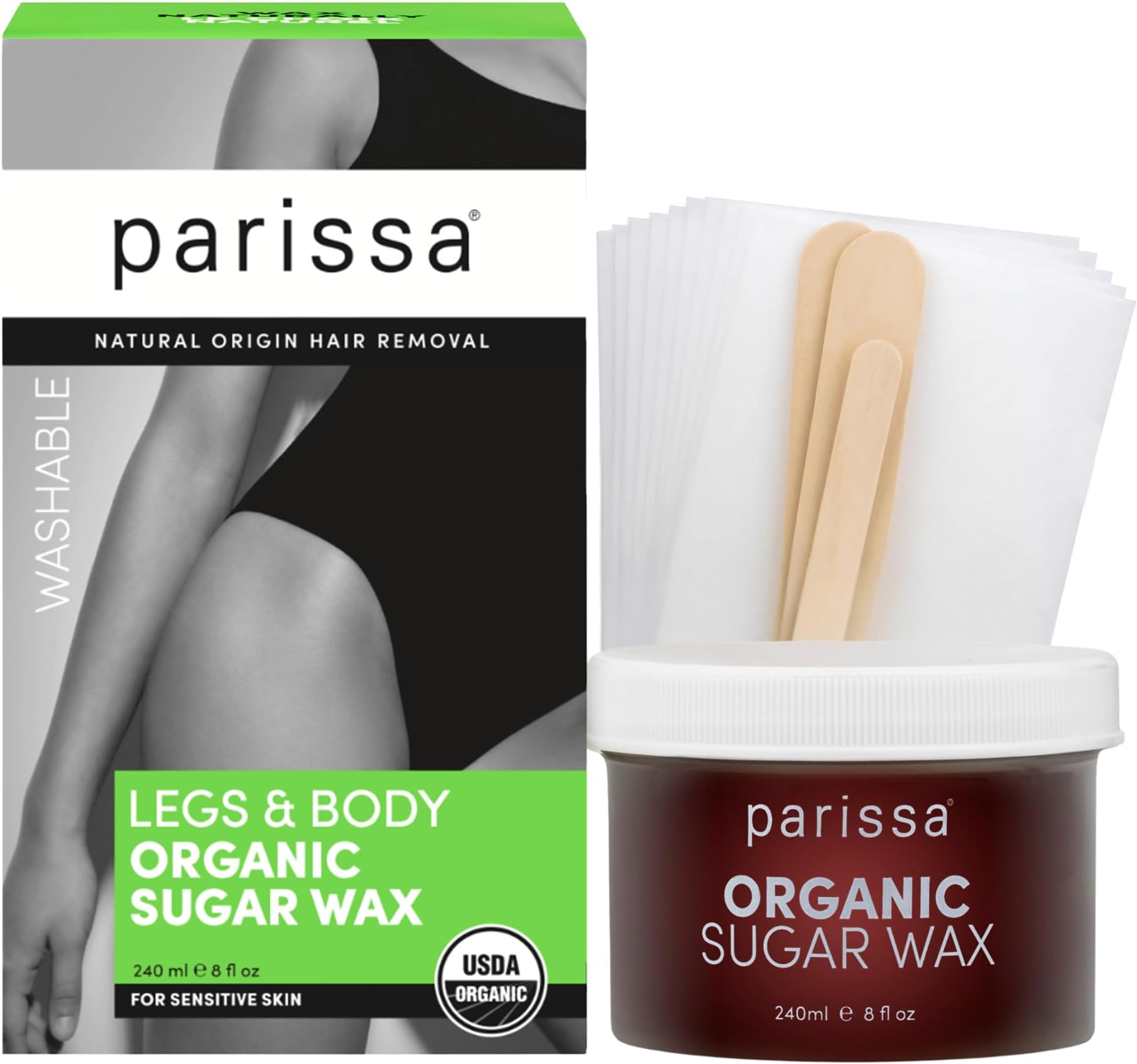 Parissa Sugar Wax Kit | Microwavable organic Sugar Wax for Body & Facial Hair Removal | Gentle & Beginner-Friendly | 30 Reusable Strips, 3 Spatulas, 240ml (8 Fl Oz) Wax