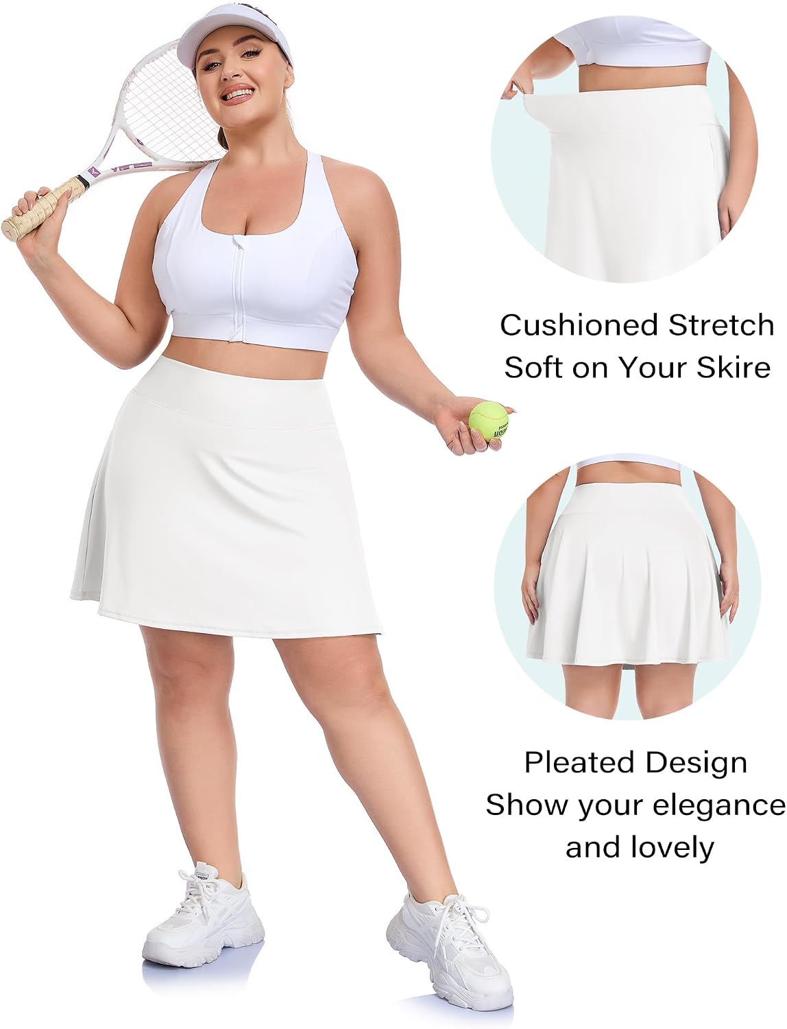 COOTRY Plus Size Tennis Golf Skirts High Waisted with Pockets Inner Shorts for Athletic Skorts Sports Running Pickleball White 4XL