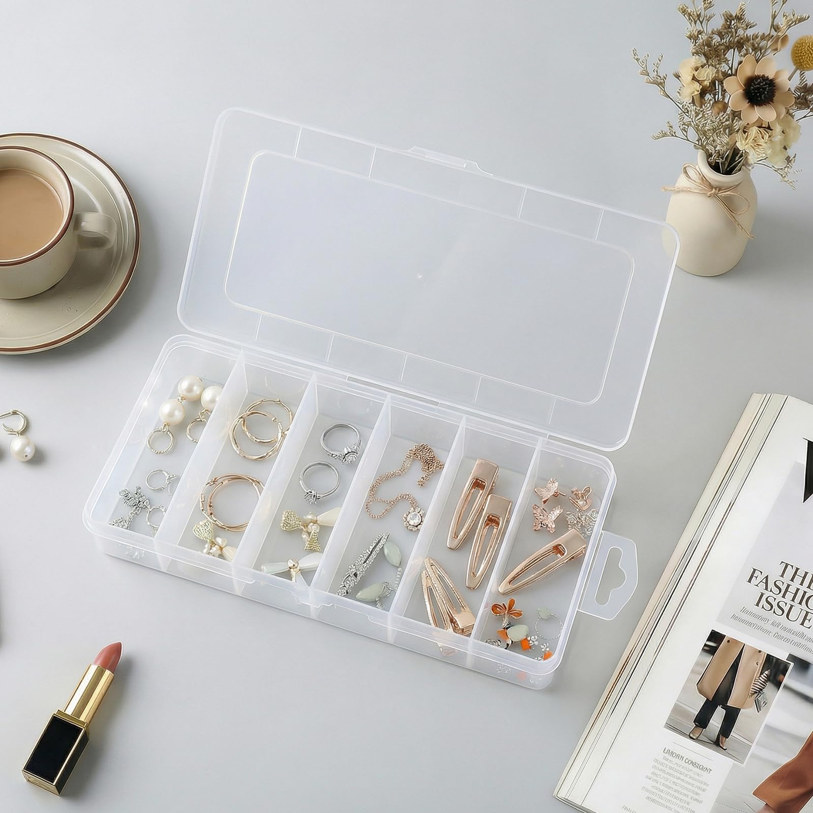 Plastic Organizer Box,6 Grids Plastic Clear Organizer Box, Adjustable Dividers,Clear Storage Boxs for Jewelry, Art DIY Crafts, Washi Tapes, Beads and Small Parts,Style 2