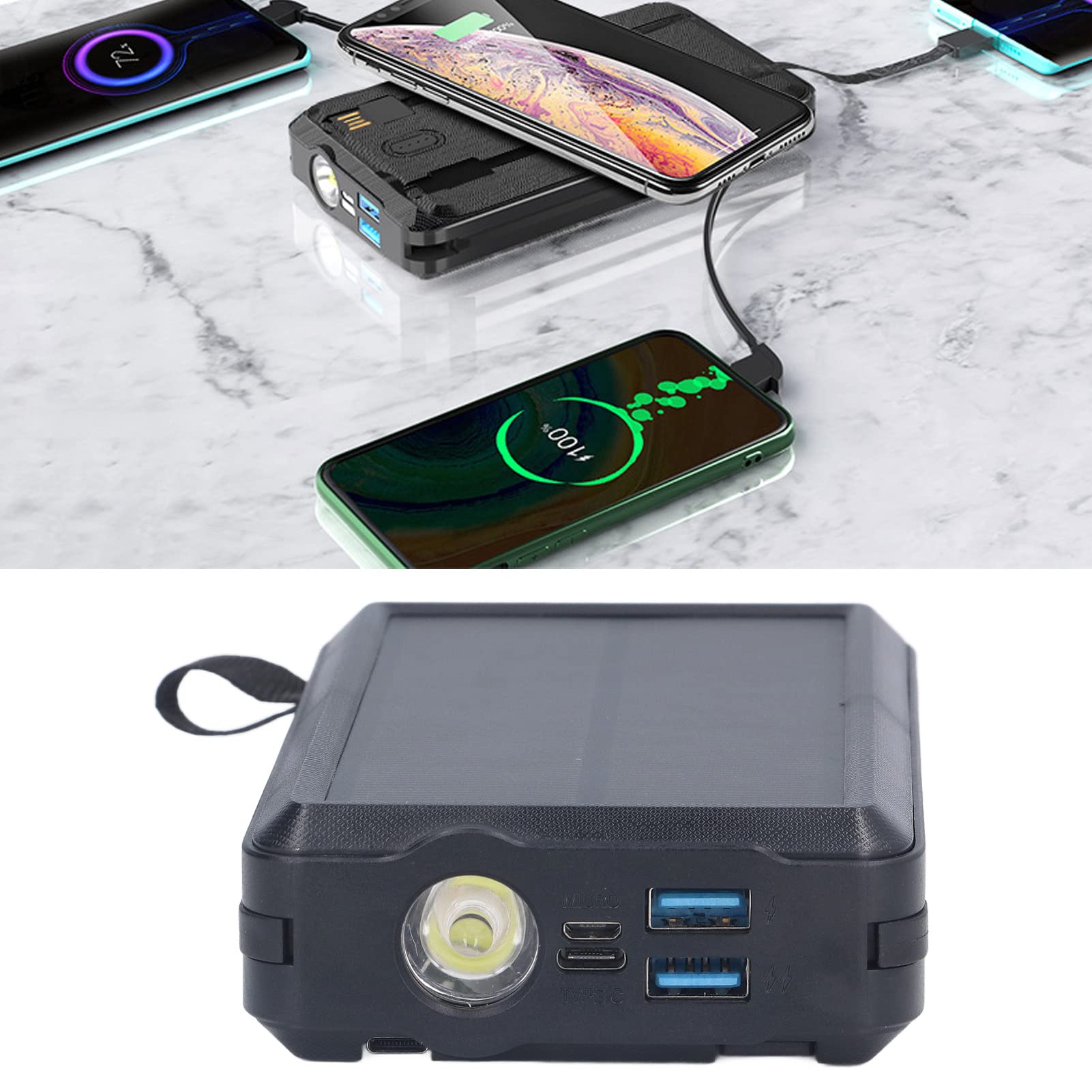 FTVOGUE Banque d'énergie Solaire LED, Chargeur Portable avec Câbles Intégrés, Chargeur Solaire 30 000 MAh pour Le Camping et la Randonnée