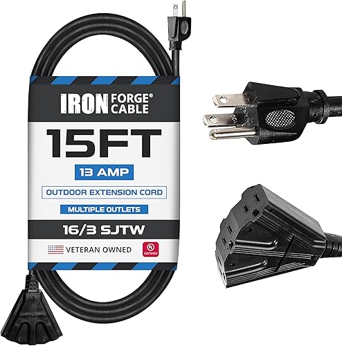 Miniatura 38 de Iron Forge Cable Paquete de 2 cables de extensión negros de 50 pies con 3 tomas, cable de extensión SJTW de 16/3 de 50 pies, 3 clavijas, cable