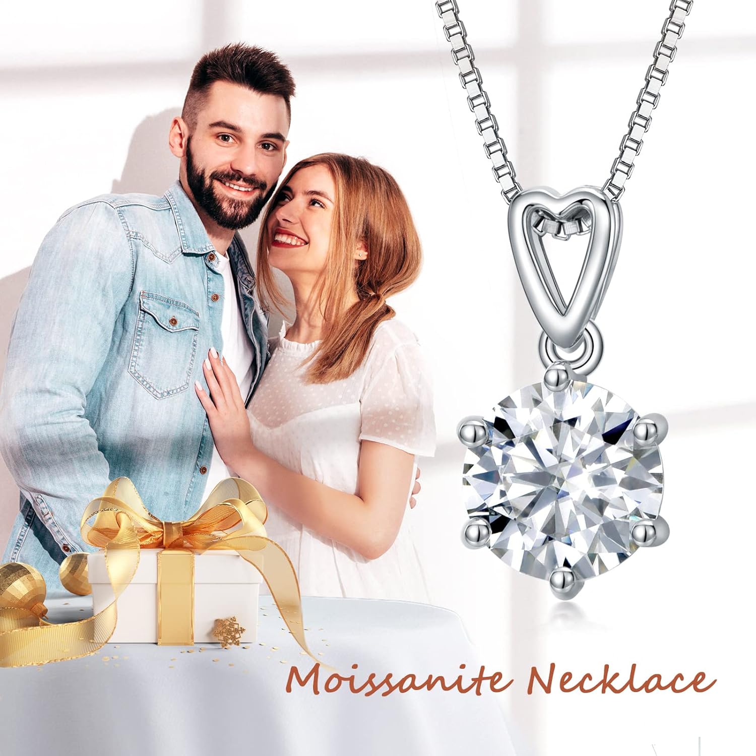 2CT Moissanite Pendant Necklace for Women, 18K White Gold Plated 925 Sterling Silver D Color Ideal Cut Moissanite Diamond Necklace with Box Chain Birthday Mothers Day Gift for Mom Her Wife - Image 2
