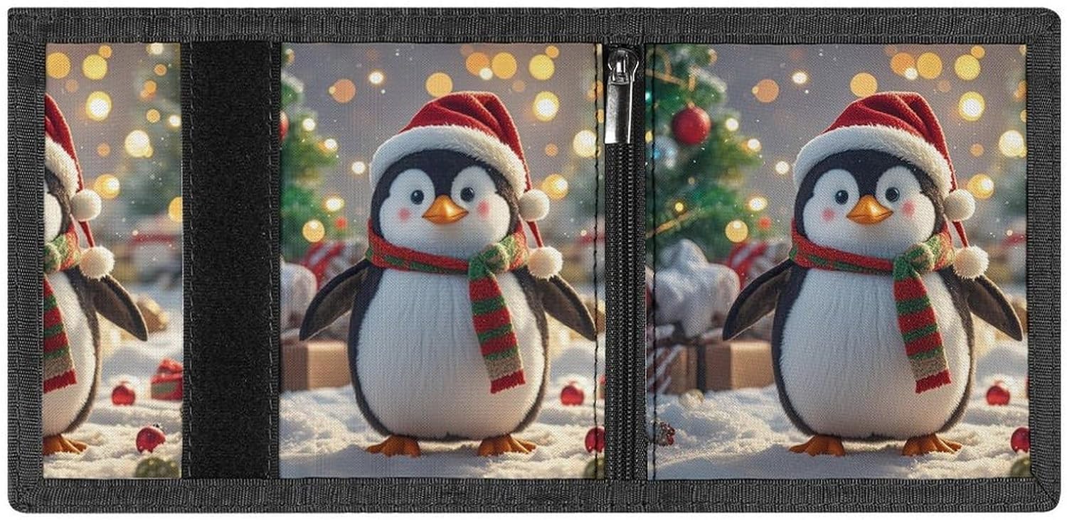 Christmas Penguin Trifold Wallet with Id Window 8 Card Slots Slim Security Wallet Card Cash Coin Holder Outdoor Travel Modern Fashion Purse Gifts for Men Women