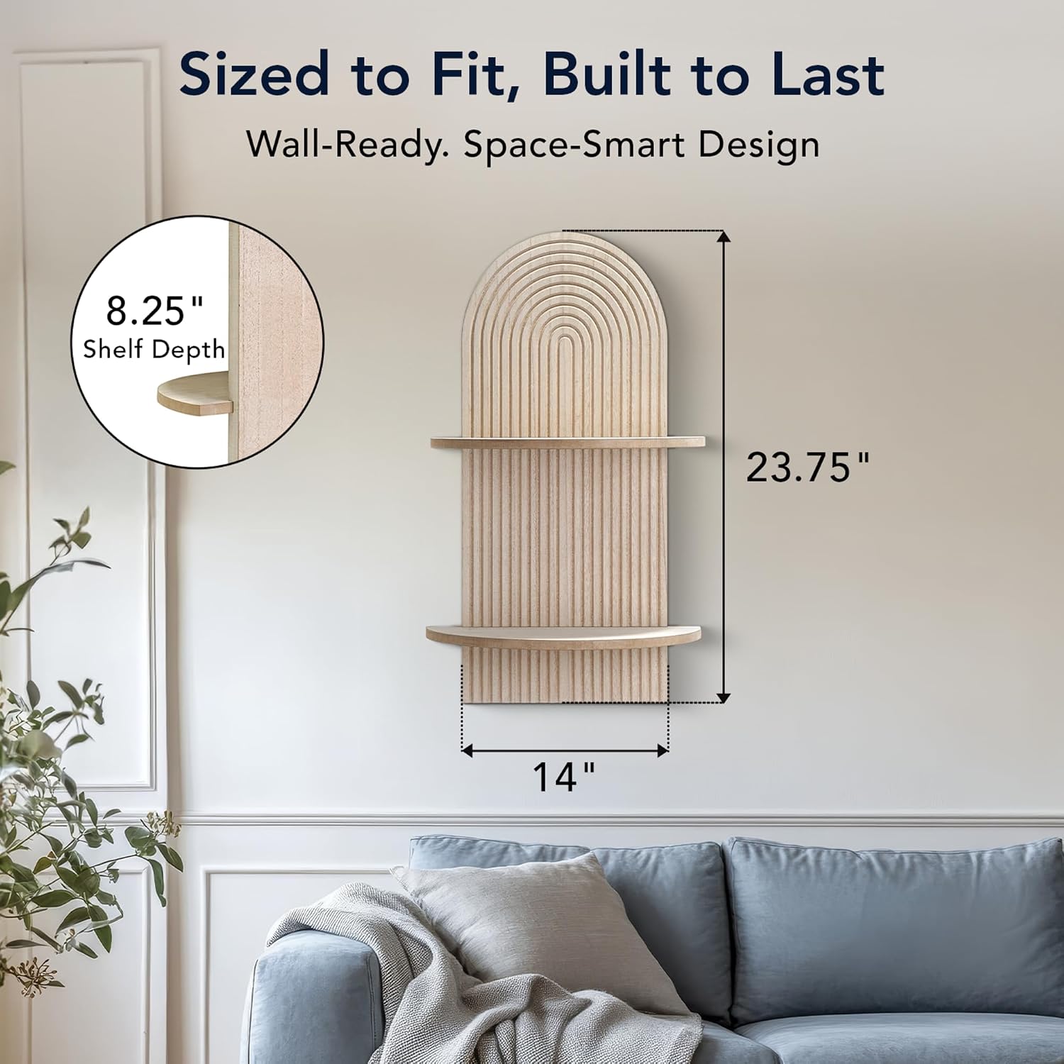 American Art Decor Carved Lunar Ledges 2-Tier Modern Display Arched Wall Shelf Storage for Bedroom Bathroom Kitchen Living Room - Natural Beige - 23.75" x 14" x 8.25"