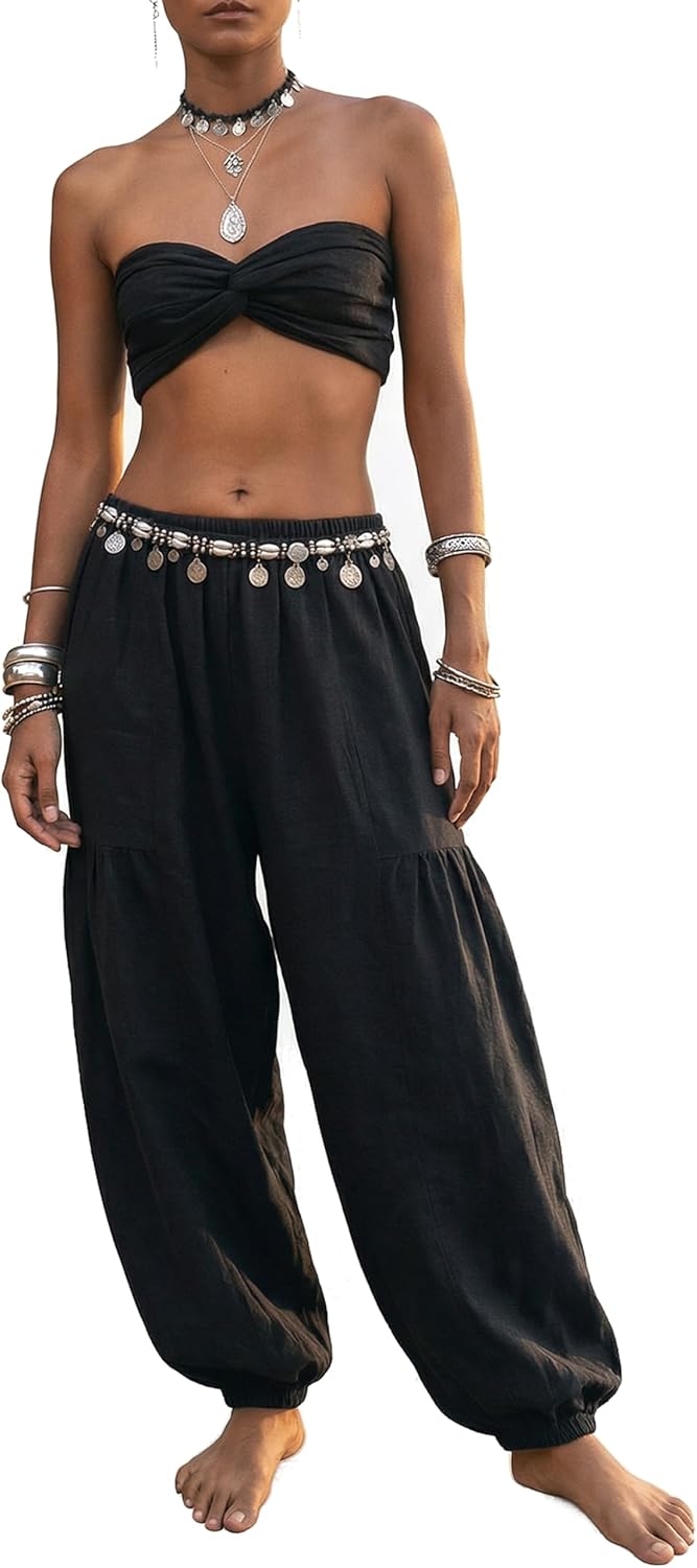 Thaluta Women's Natural Cotton Yoga Pants - Durable Harem Style Lounge Trousers, Organic Fabric, Relaxed Fit Boho Joggers