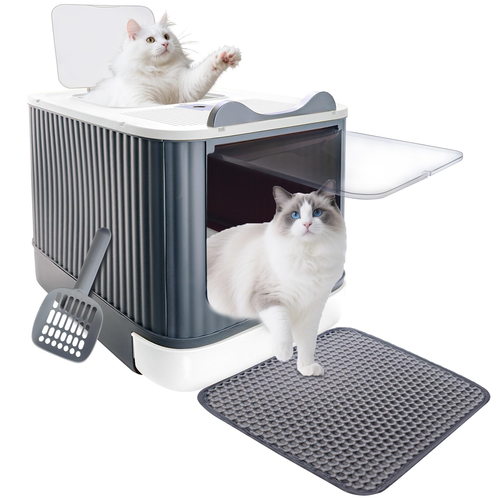 Cat Litter Box with Litter Mat, 17"x14"x13" Large Litter Box for Big Cats, Enclosed Removable Litter Boxs, Front Entry Top Exit Kitty Box, Odor Control, Easy to Clean (White Grey)