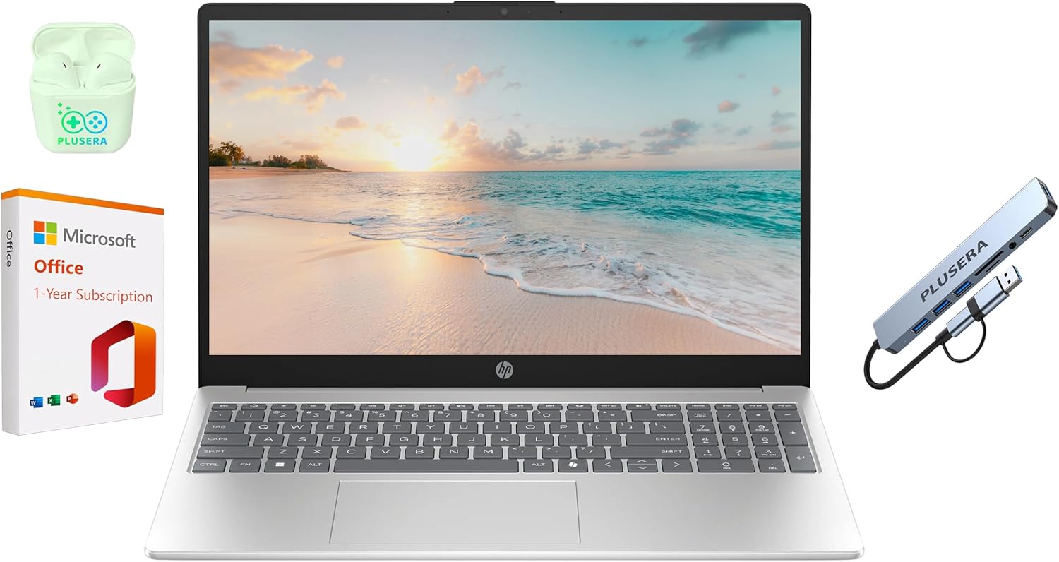 HP 15.6" LED Laptop Computer, 32GB RAM 640GB Storage (128GB UFS+512GB Docking Set), Quad-Cores Intel Pentium, Windows 11 S with 1-Year Microsoft Office 365 Included, PLUSERA Earphones, Silver