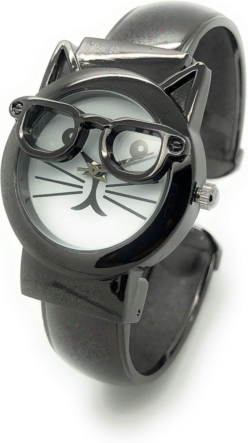 Ladies Silly Kitty Cat Glasses Elegant Metal Bangle Cuff Fashion Watch