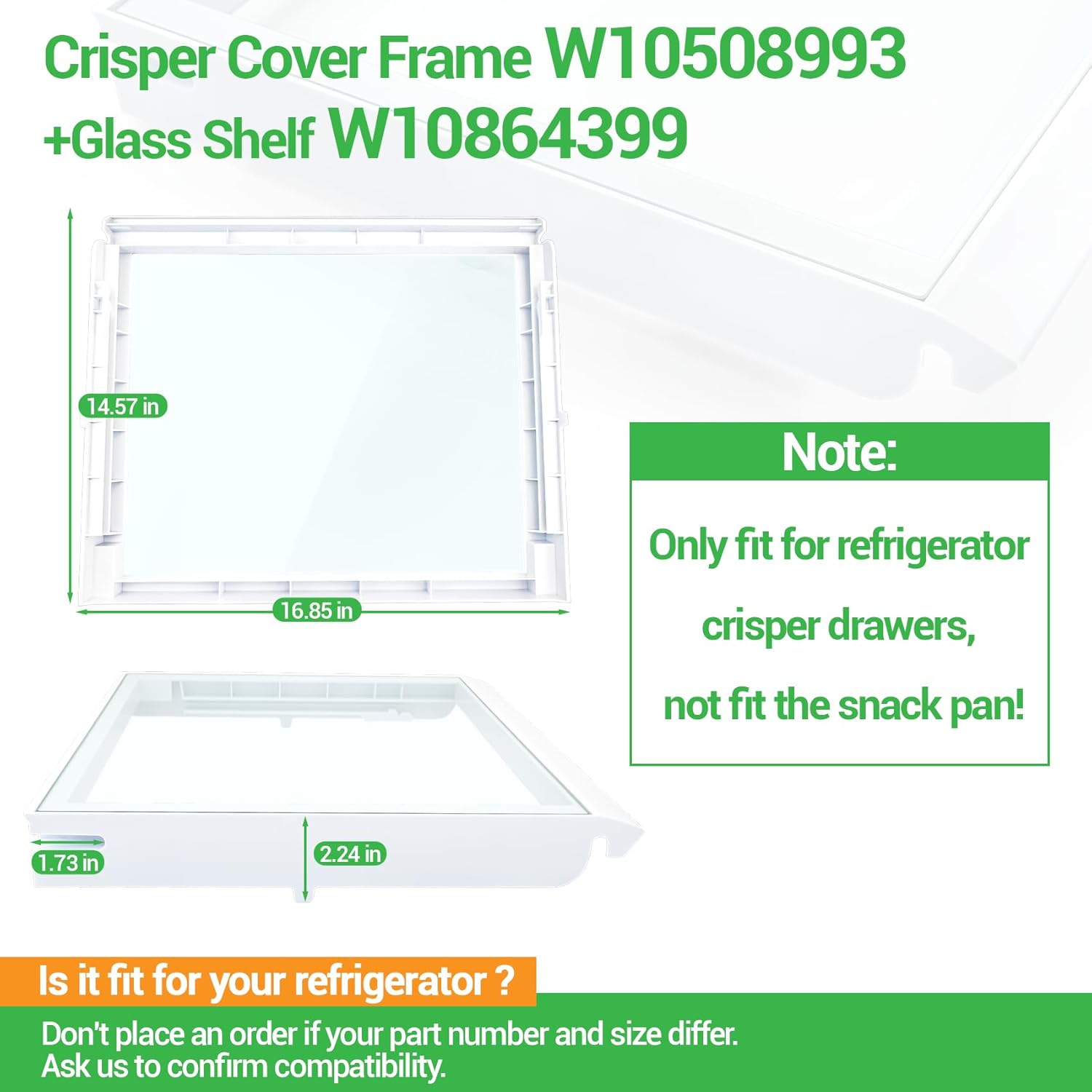 W10508993, W10864399 Refrigerator Glass Crisper Cover Compatible with whirlpool, kenmore, maytag, amana and kitchenAid etc, Crisper Drawer Cover Assembly W10275293 Replace 2217039, 2206096, 2209698