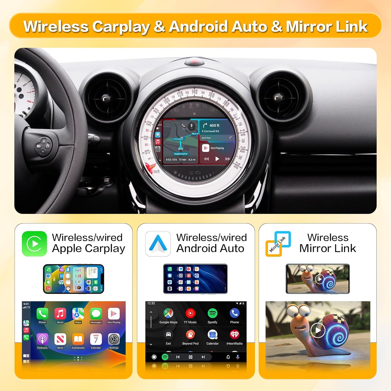 Wireless CarPlay, Android Auto, and Mirror Link features