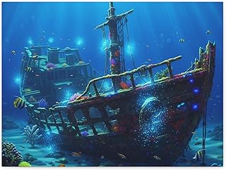 Vividly Colored Shipwreck Illuminated by Glowing Plankton - Made in USA - 24 * 18 Inch Matte Canvas Wall Art