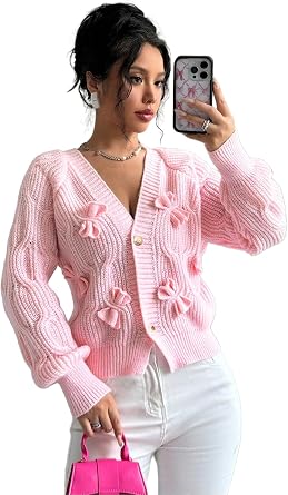 Womens Cropped Bow Chunky Knit Cardigan Sweaters Open Front Cozy Long Sleeve Button Up Cardigans for Winter Pink