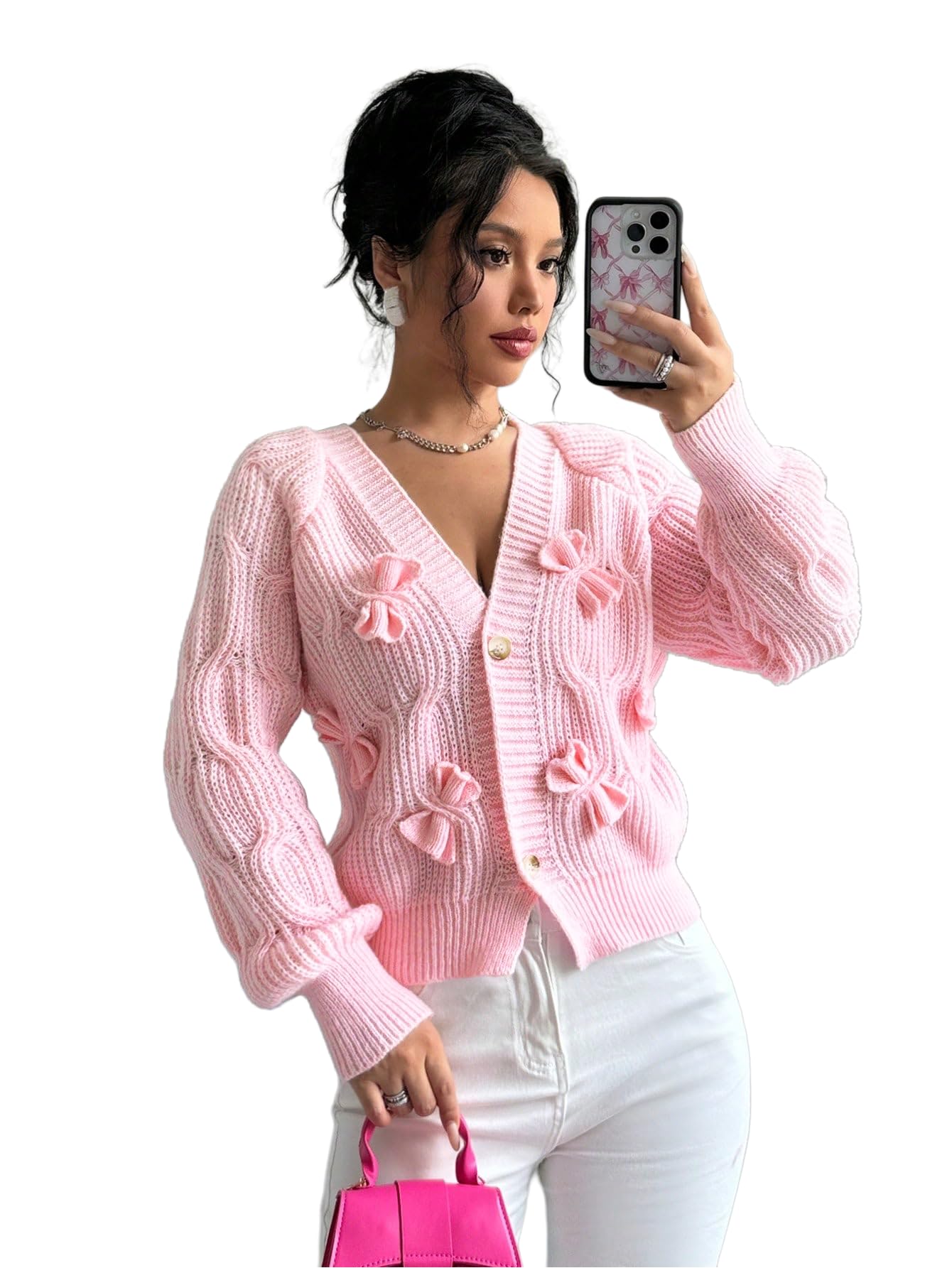 Women's Cropped Bow Chunky Knit Cardigan Sweaters Open Front Cozy Long Sleeve Button Up Cardigans for Winter-image-36