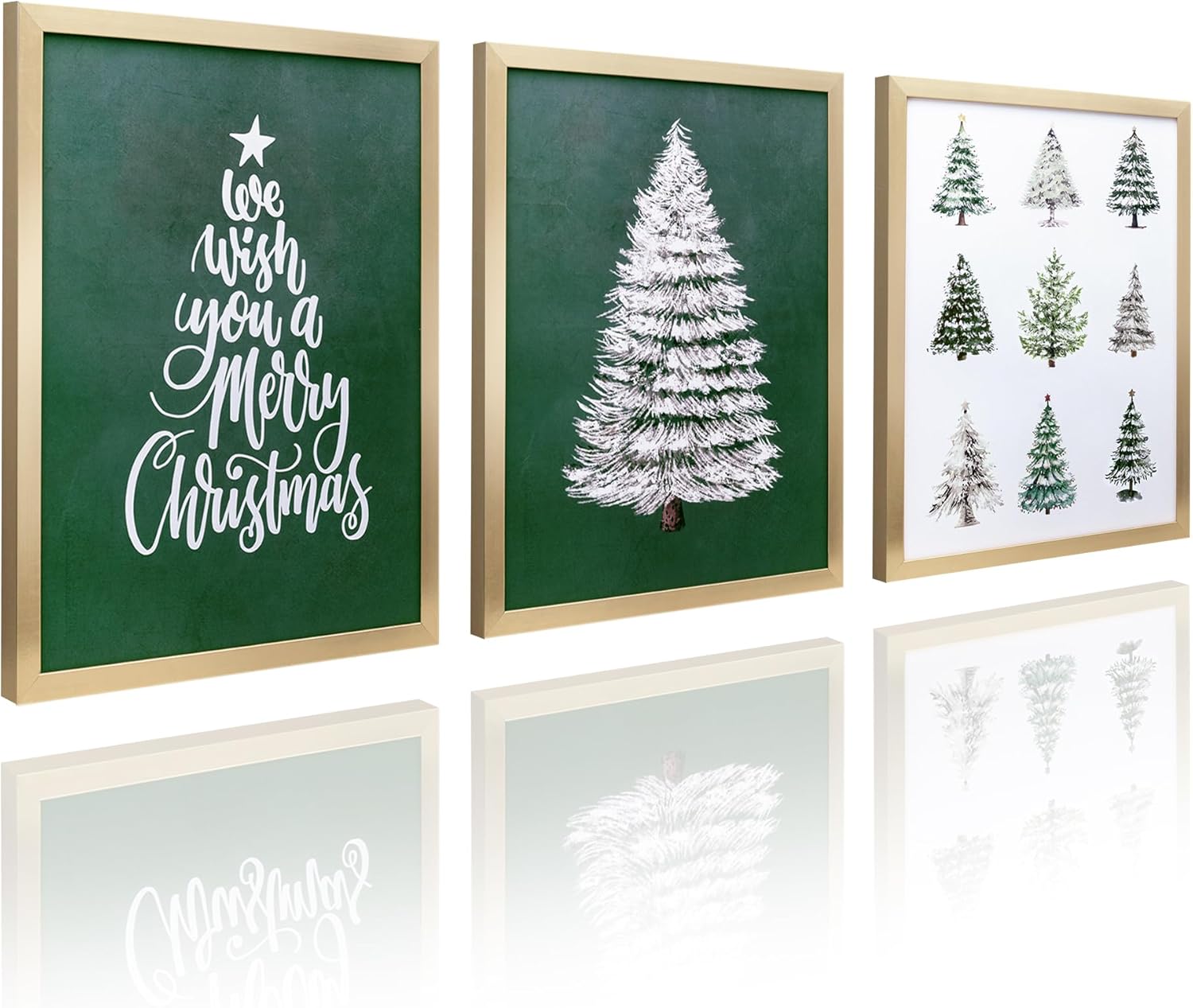 ArtbyHannah Framed Christmas Wall Art Decor Set of 3, Xmas Modern Green Tree Pictures Prints for Bathroom Living Room Bedroom Indoor Winter Holiday Landscape Painting Decorations (11x14 Inch)