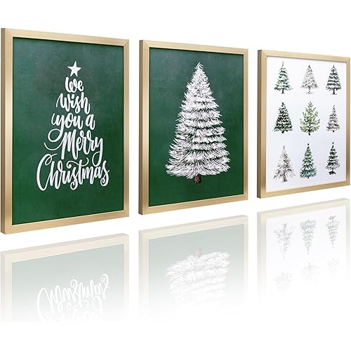 ArtbyHannah Framed Christmas Wall Art Decor Set of 3, Xmas Modern Green Tree Pictures Prints for Bathroom Living Room Bedroom Indoor Winter Holiday Landscape Painting Decorations (11x14 Inch)