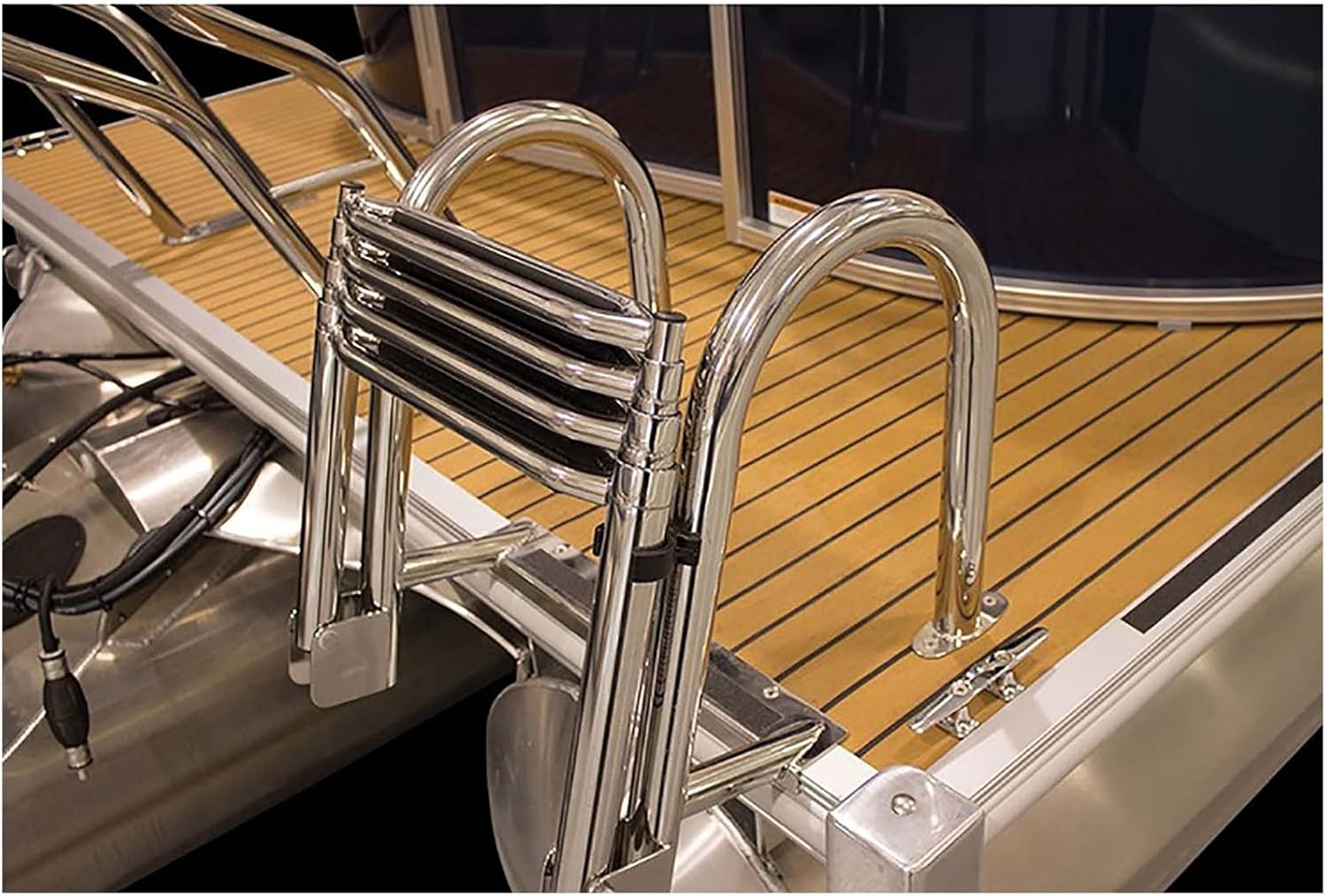 Swimming Pool Safety Handrail Kit 4 Steps Boat Ladder Folding Telescoping, Rear Entry Inboard Ladders with Wide Rung, Stainless Swim Dock Pontoon Pool Ladder for Upper Platform