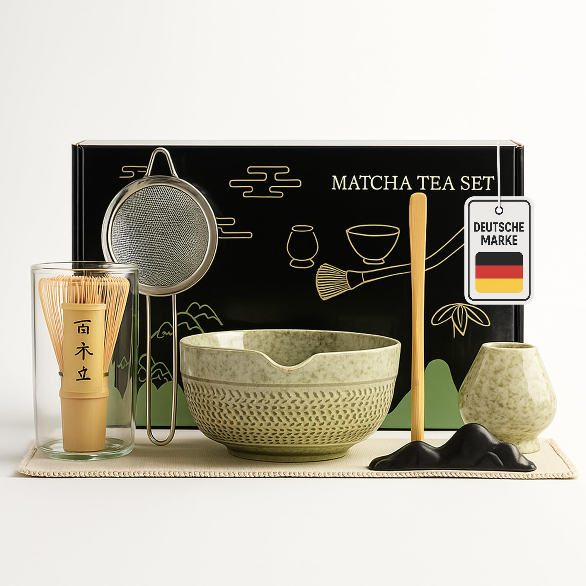 Matcha Set Premium Matcha Tee-Set, Matcha Set Tea (7-teilig) Keramik, Bambus Matcha Schneebesen, handgemachte Schale, Sieb & Traditionelle Zubehör-Kollektion