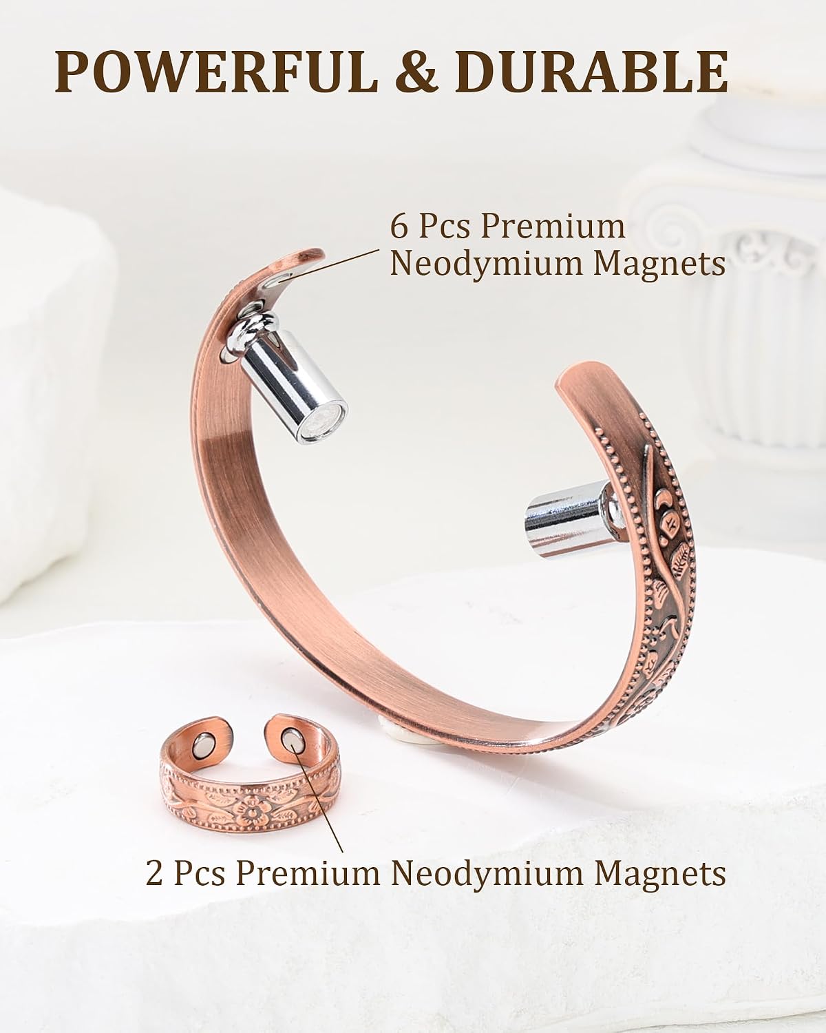 99.99% Pure Copper Magnetic Bracelets Rings for Men Women, 3800 Gauss 6 & 8 Strong Magnets Adjustable Classic Vintage Copper Cuff Jewelry Gift thumbnail