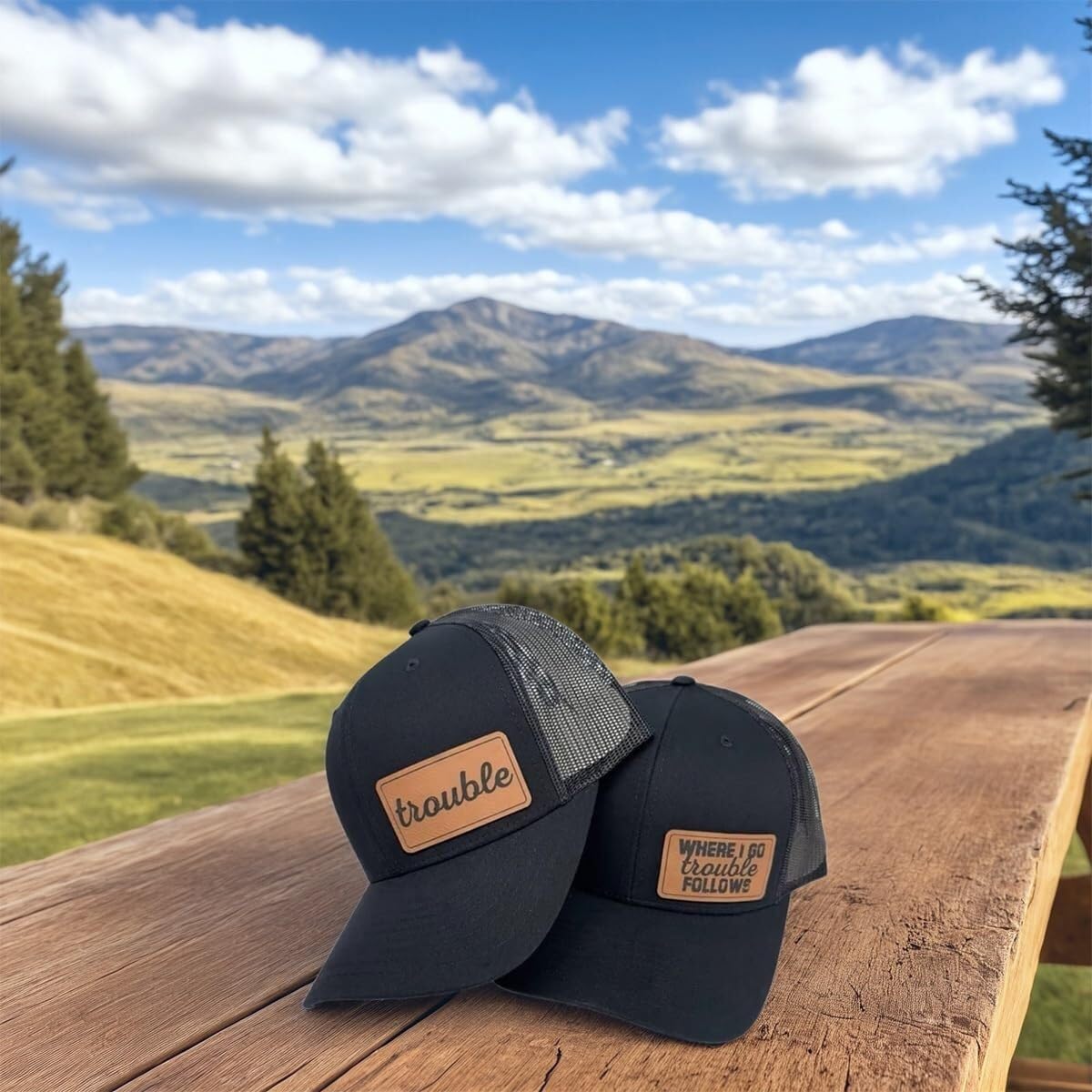 Trouble Hat Set, 2-Pack Where I Go Trouble Follows Matching Hats, Funny Trucker Hats with Faux Leather Patches - Image 6