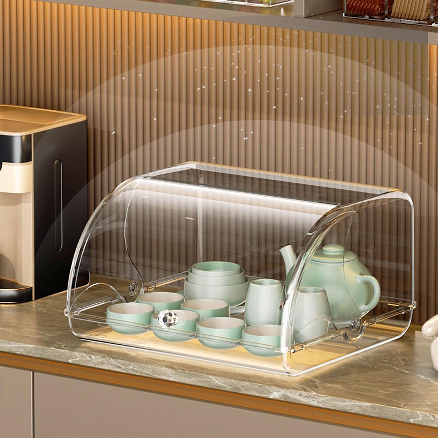 Transparent Roll Up Lid Box, Top Tea Cup Storage Organizer, Clear Counter Storage Container with Space Saving Design for Dining Table Kitchen Cabinet