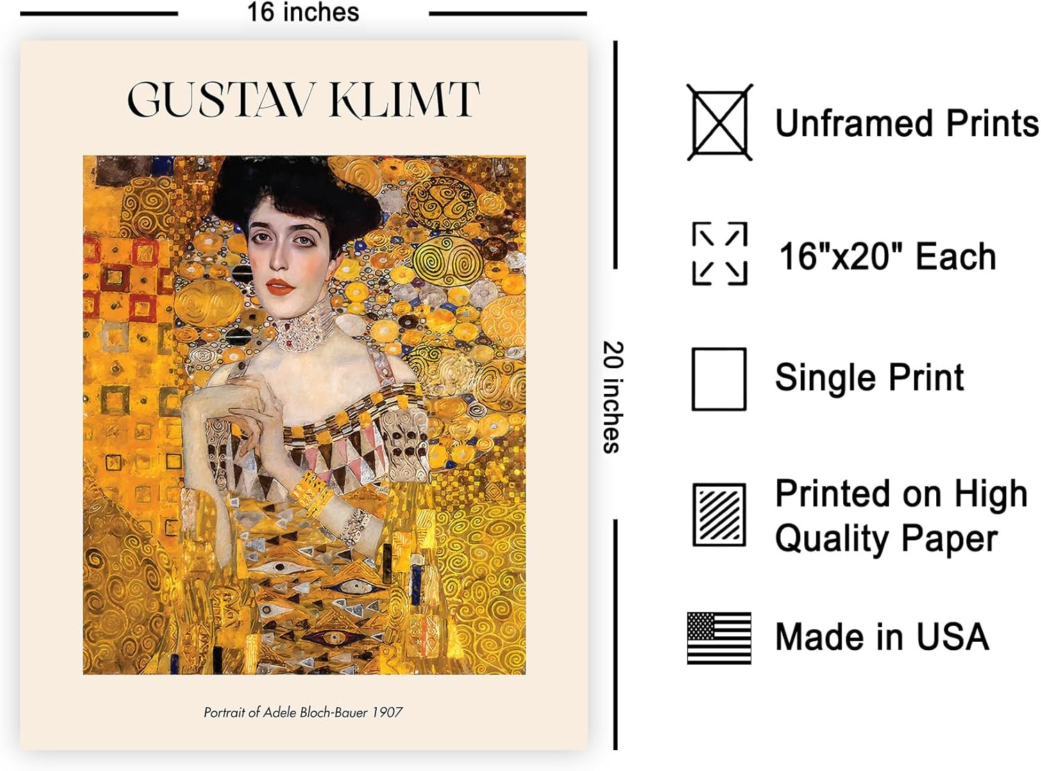 Poster Master Portrait of Adele Bloch-Bauer Print - Gustav Klimt Poster - The Lady in Gold Art - Symbolism Wall Design - Art Nouveau Living Room or Office Decor - 16x20 UNFRAMED Wall Art