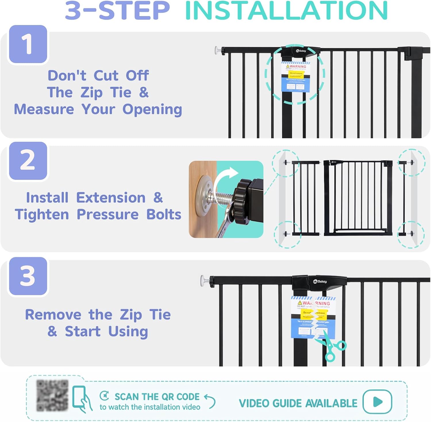 Sekey Baby Gate for Stairs, 30-46" Auto Close Dog Gate, No Drill Pressure Mounted Safety Pet Gate, Black