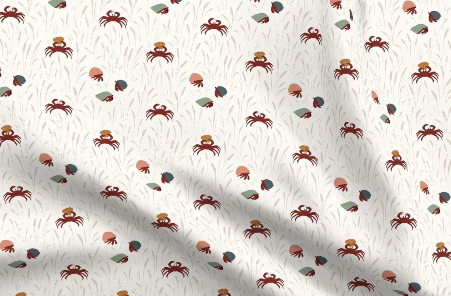 Spoonflower Fabric - Coastal Boho Hermit Crabs Crustacean Shellfish Summer Beach Cream Printed on Organic Cotton Sateen Fabric by The Yard - Sewing Quilting Apparel Home Decor