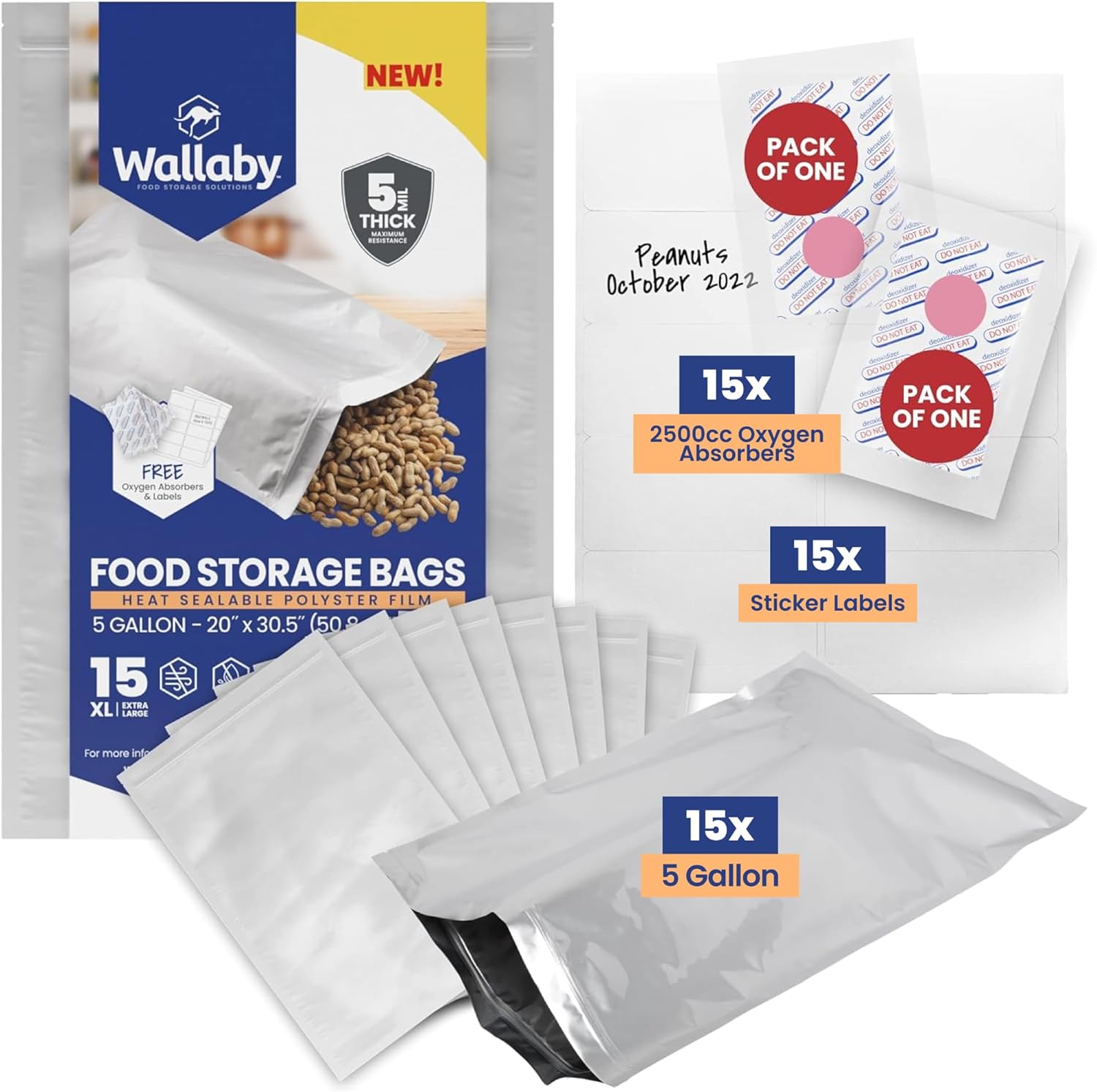 Wallaby 15 Count 5-Gallon Mylar Bags with 2500cc Oxygen Absorbers, 10 Mil Total Thickness Long-Term Food Storage Pouches, 20x30 Resealable Zipper Heat-Sealable Airtight Packaging - Silver