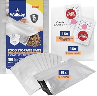 Wallaby 15 Count 5-Gallon Mylar Bags with 2500cc Oxygen Absorbers, 10 Mil Total Thickness Long-Term Food Storage Pouches, 20x30 Resealable Zipper Heat-Sealable Airtight Packaging - Silver