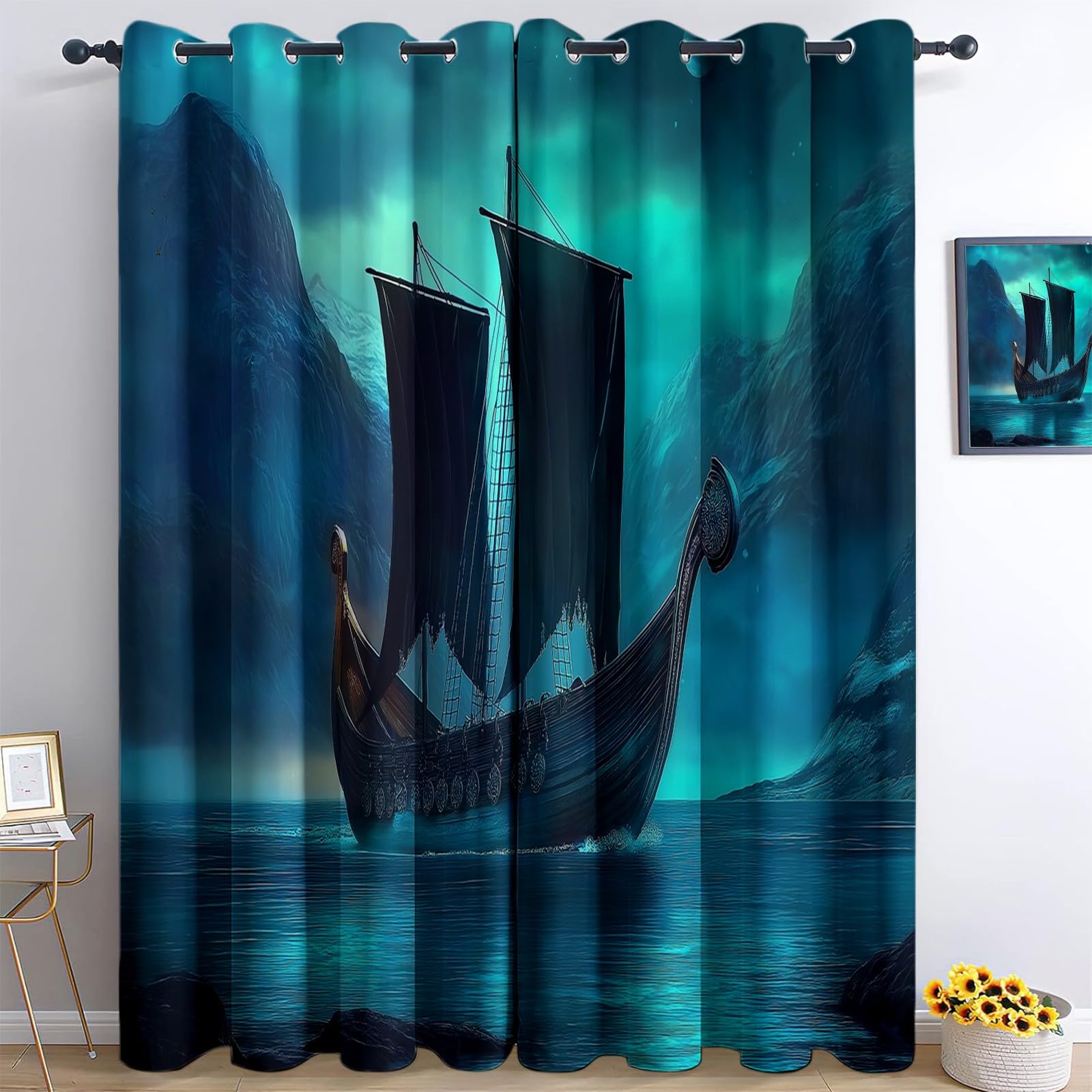 Blackout Teal Saving Curtains Fantasy Style Viking Ship 2 Panels Drapes Eyelet Thermal Insulated Print Bedroom Darkening Curtains For Living Room 46” W x 72” L