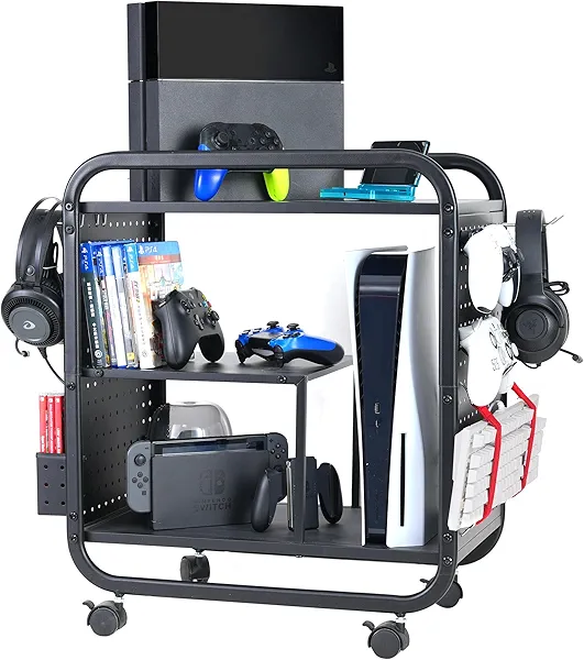 PLKOW Video Game Organizer, Rolling Video Game Storage Rack for Xbox/Switch/PS4/PS5 Accessories, Game Consoles Stand Controllers Holder, Perfect Holiday Present (Black)