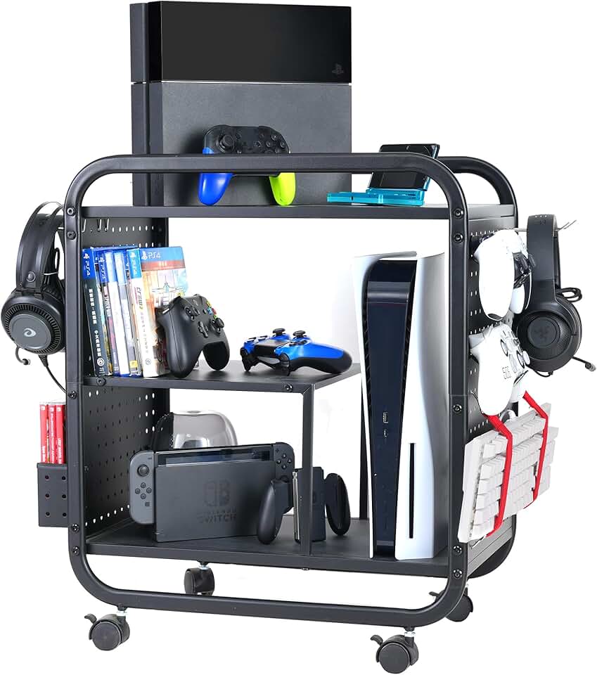 PLKOW Video Game Organizer Storage Rack, Rolling Game Console Stand with Controller Holder, Compatible with PS5, PS4, Xbox Series