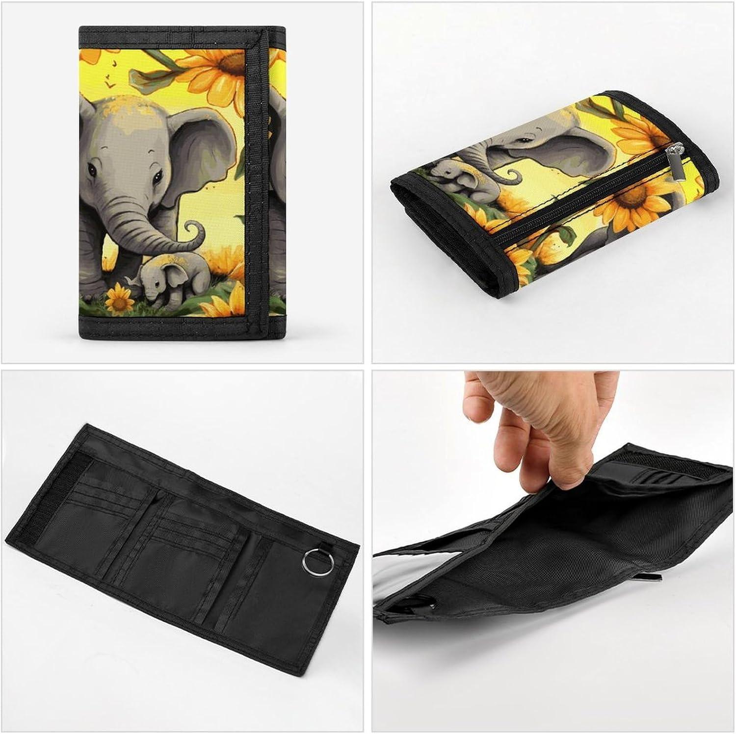 Trifold Canvas Wallet with Keychain, Modern Fashion Credit Card Holder Wallet for Men Women, Elephant And Sunflowers Slim Wallets W/Zipper Coin Pocket, Novelty Birthday Gift